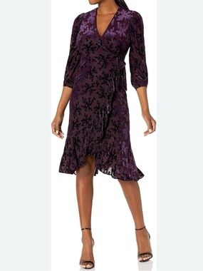 Calvin Klein Purple Velvet Burnout Wrap Midi Dress